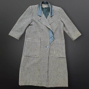 Vintage 80s Long Houndstooth Coat Womens Size M Black Beige Leather Collar